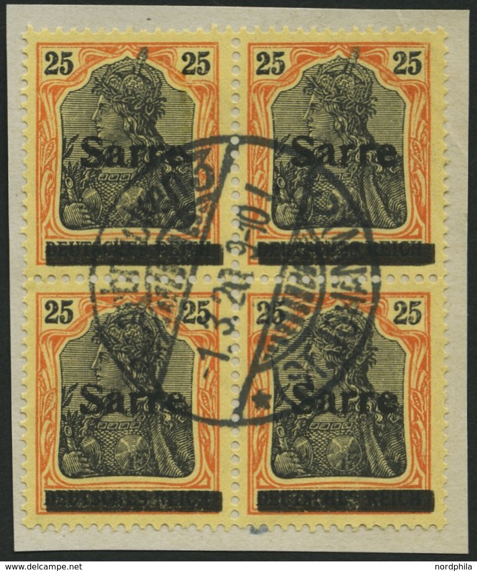 SAARGEBIET 9bI VB O, 1920, 25 Pf. Gelborange/schwarz Auf Gelbweiß, Type I, Im Viererblock Mit Zentrischem Stempel, Prach - Other & Unclassified