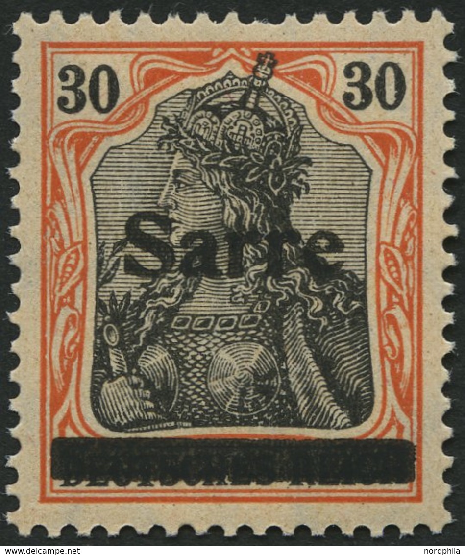 SAARGEBIET 10yI *, 1920, 30 Pf. Dunkelrotorange/schwarz Auf Orangeweiß, Type I, Falzreste, Ein Kurzer Zahn Sonst Pracht, - Other & Unclassified