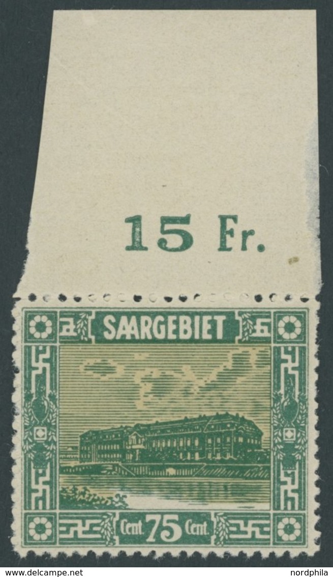 SAARGEBIET 93I **, 1922, 75 C. Steingutfabrik Mit Plattenfehler Großer Scheinwerfer In Kaimauer, Oberrandstück, Postfris - Sonstige & Ohne Zuordnung