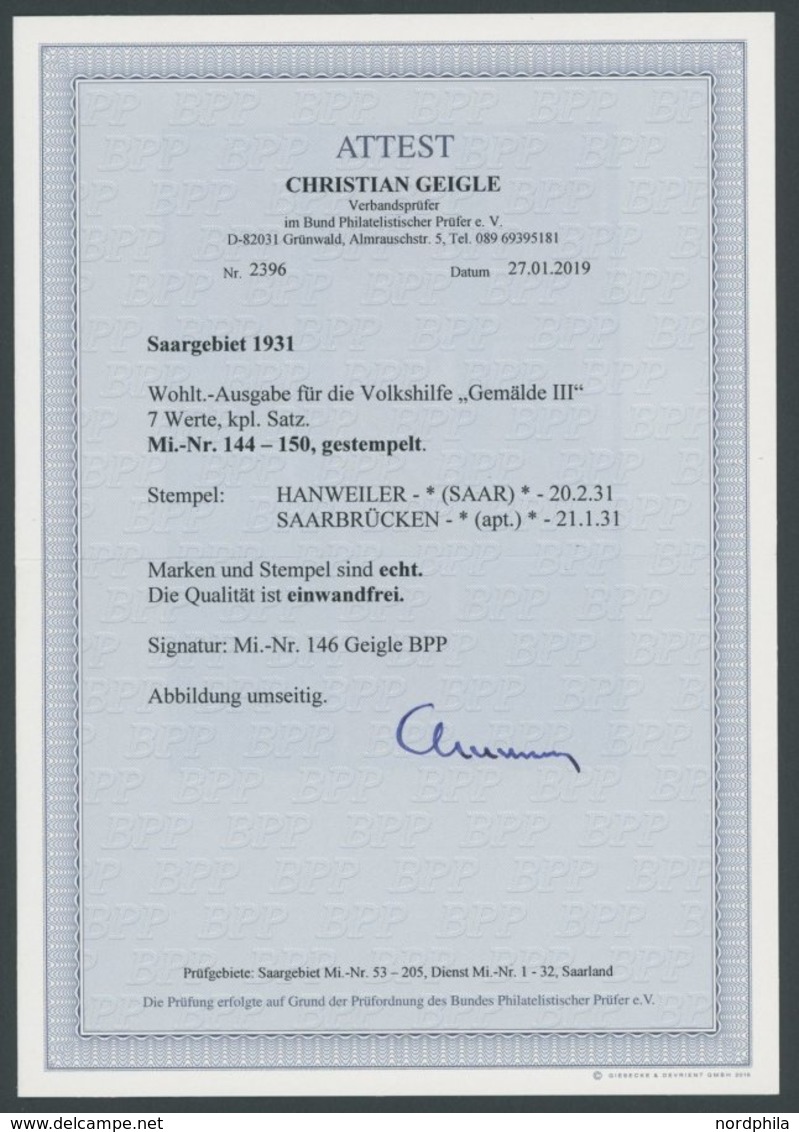 SAARGEBIET 144-50 O, 1931, Gemälde III, Prachtsatz, Fotoattest Geigle, Mi. 650.- - Sonstige & Ohne Zuordnung