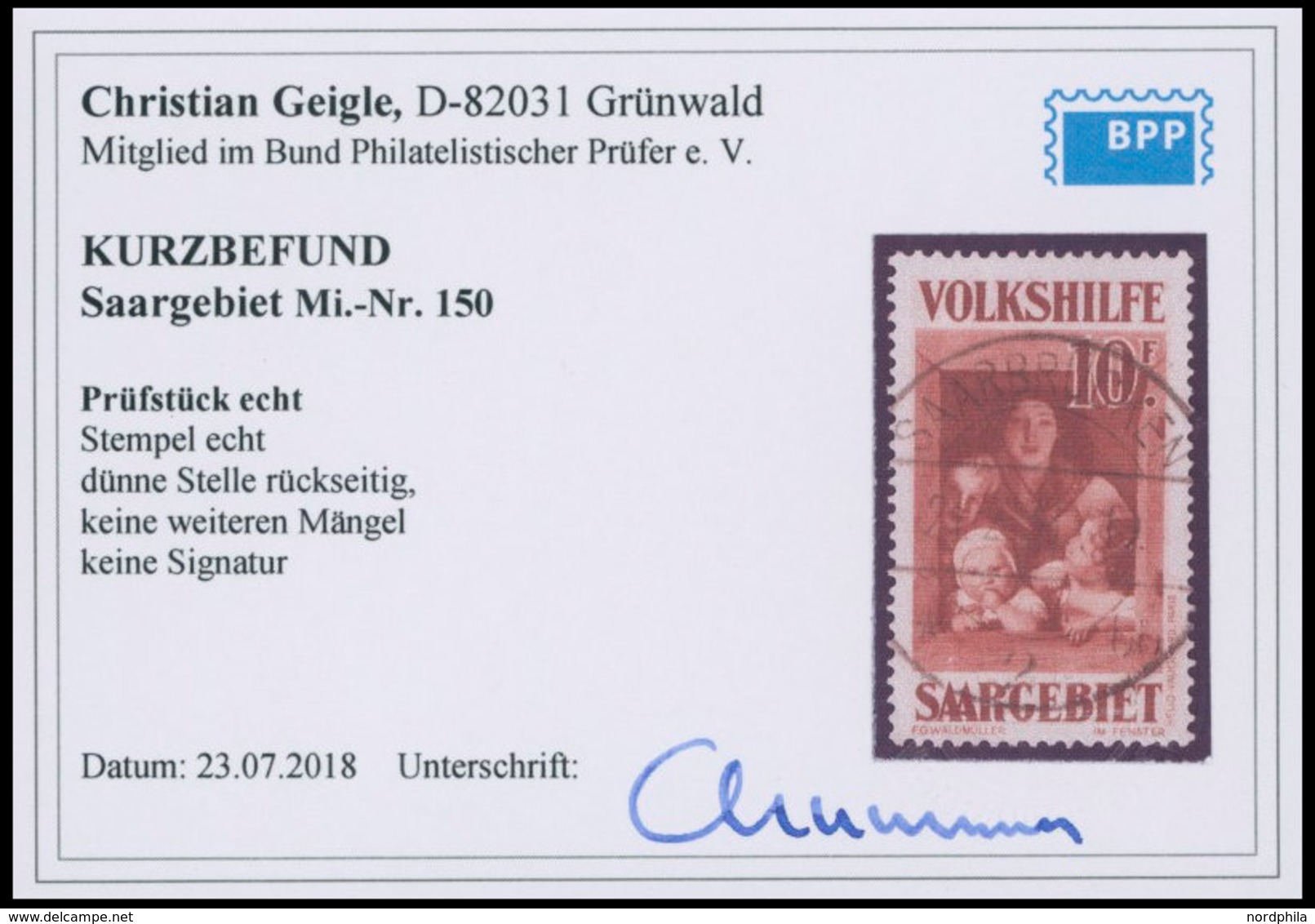 SAARGEBIET 150 O, 1931, 10 Fr. Gemälde III, Kleine Dünne Stelle Sonst Pracht, Kurzbefund Geigle, Mi. 360.- - Other & Unclassified