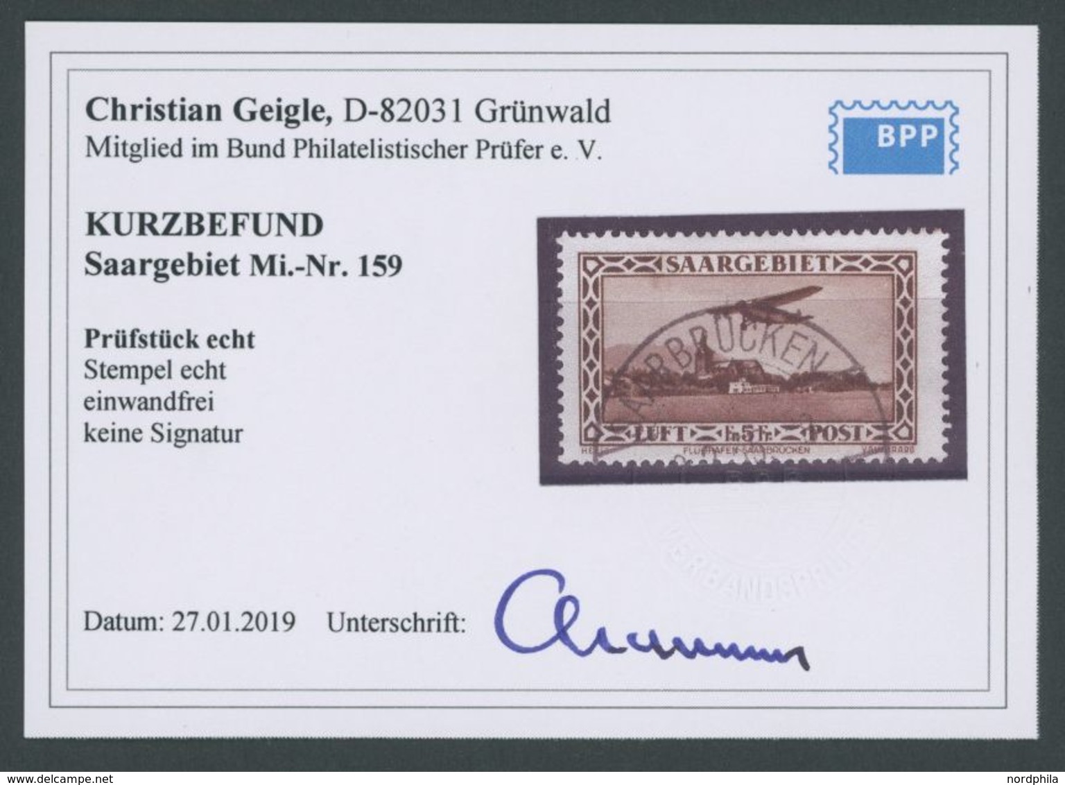 SAARGEBIET 159 O, 1932, 5 Fr. Flugpost, Pracht, Kurzbefund Geigle, Mi. 120.- - Other & Unclassified