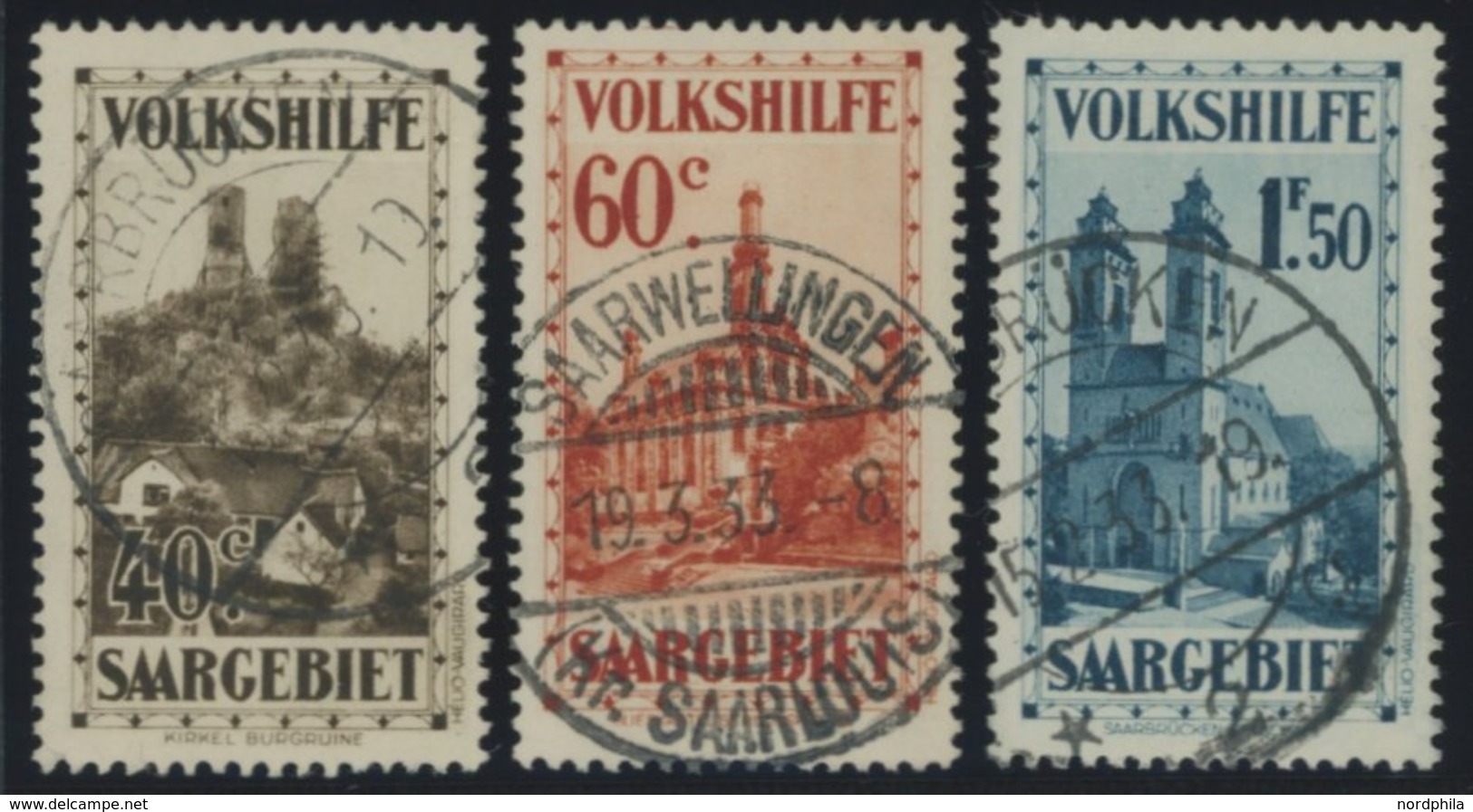 SAARGEBIET 161/2,164 O, 1932, 40 C., 60 C. Und 1.50 Fr. Burgen Und Kirchen, 3 Prachtwerte, Gepr. Geigle, Mi. 116.- - Other & Unclassified