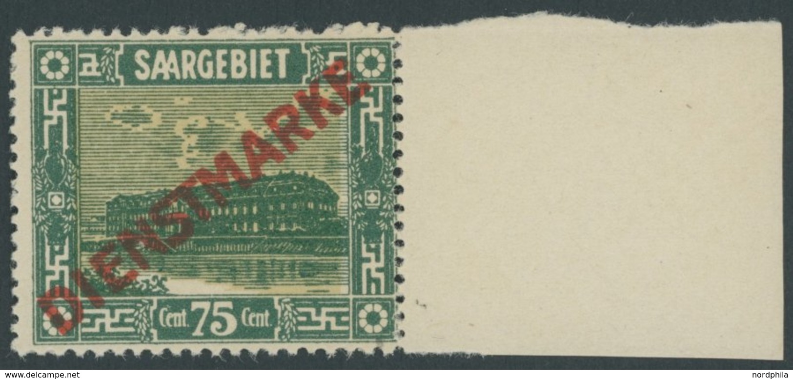 SAARGEBIET D 10 **, 1922, 75 C. Steingutfabrik, Rechtes Randstück, Postfrisch, Pracht, Mi. 100.- - Dienstmarken