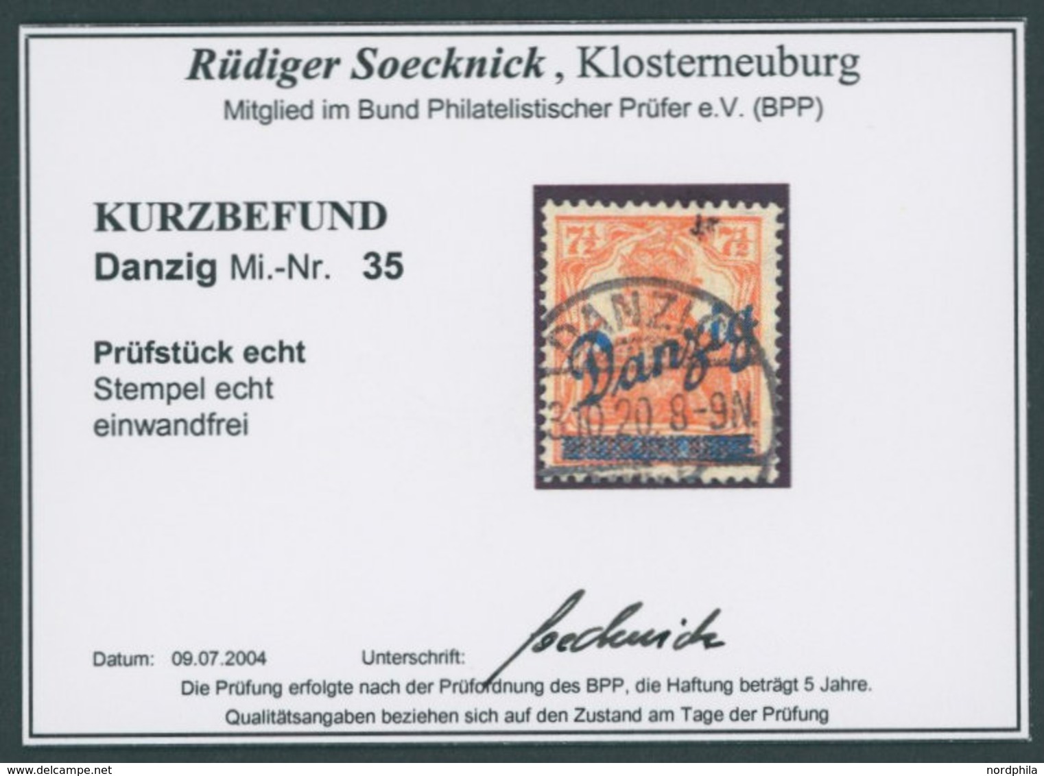 FREIE STADT DANZIG 35 O, 1920, 71/2 Pf. Kleiner Innendienst, Zeitgerechte Entwertung, Pracht, Kurzbefund Soecknick, Mi.  - Other & Unclassified