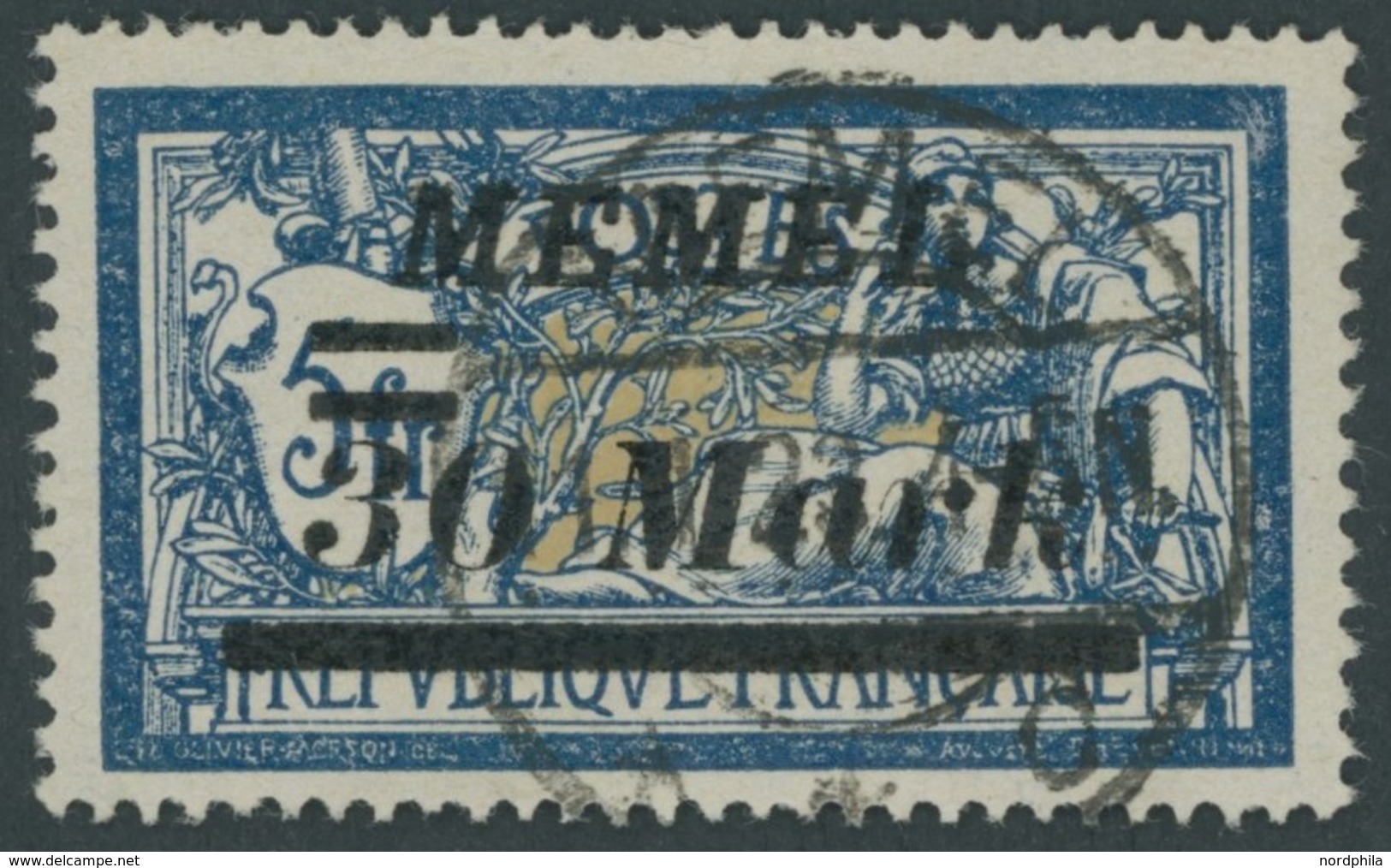 MEMELGEBIET 96II O, 1922, 30 M. Auf 5 Fr. Schwärzlichblau/hellbraunocker Mit Aufdruckfehler Abstand Zwischen 30 Und Mark - Memelgebiet 1923