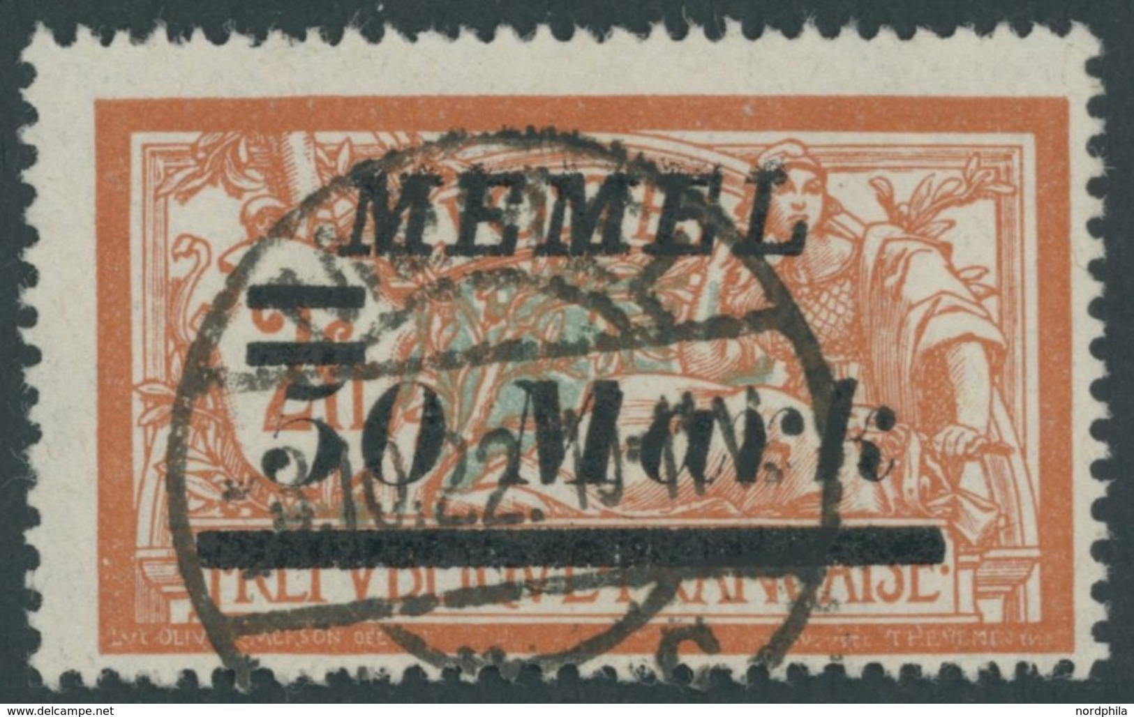 MEMELGEBIET 97 O, 1922, 50 M. Auf 2 Fr. Rötlichorange/hellgrünlichblau, Pracht, Gepr. Huylmans, Mi. 60.- - Klaipeda 1923