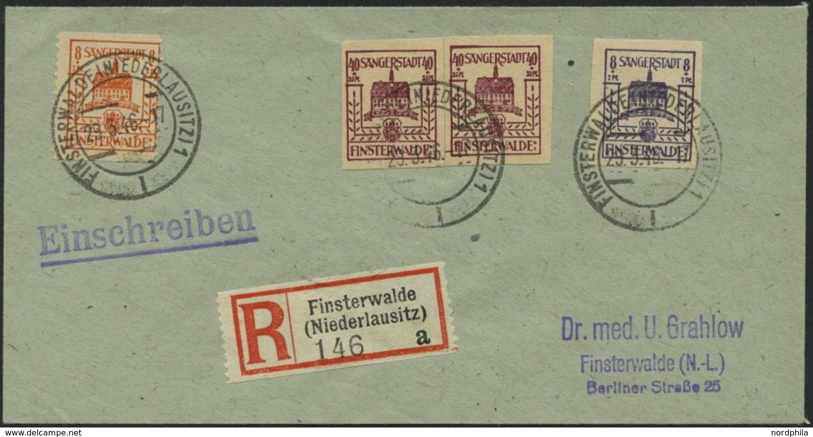 FINSTERWALDE 5b,5aVaII BRIEF, 1946, 8 Pf. Dunkelblauviolett Und Versuchszähnung 8 Pf. Gelblichrot Senkrechte Zähnung Sow - Postes Privées & Locales