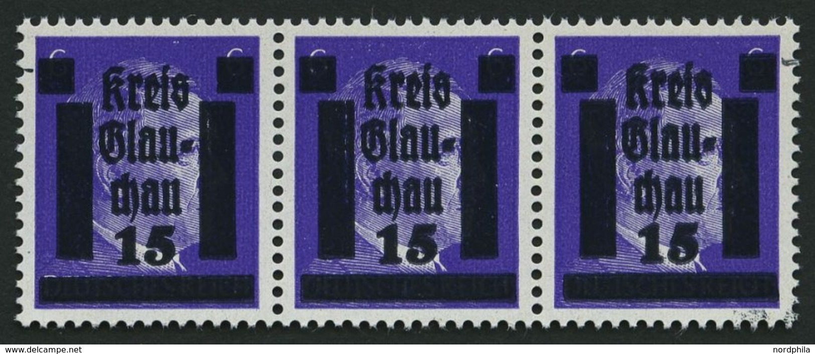 GLAUCHAU 5aDDV **, 1945, 15 Auf 6 Pf. Lebhaftblauviolett Doppelaufdruck Im Waagerechten Dreierstreifen, Ein Wert Mit Aba - Privatpost