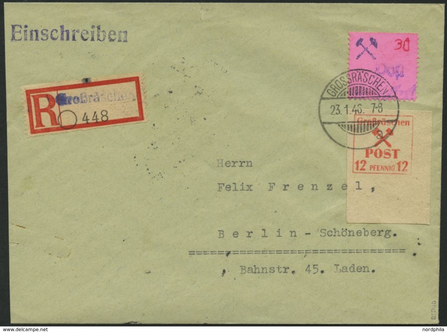 GROSSRÄSCHEN 30F BRIEF, 1946, 30 Pf. Auf Rosa Mit Abart Handstempel Post Blau Und 12 Pf. Zusatzfrankatur Auf Einschreibb - Autres & Non Classés