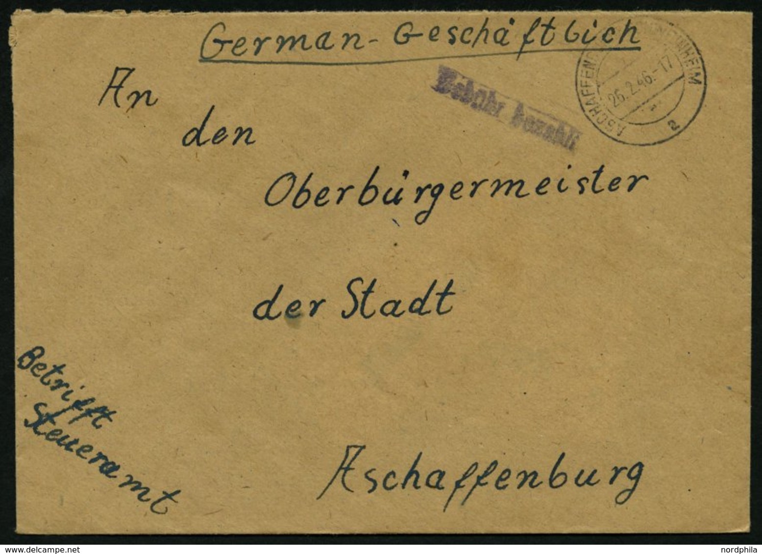 ALL. BES. GEBÜHR BEZAHLT ASCHAFFENBURG-SCHWEINSHEIM, 26.2.46, Violetter L1 Gebühr Bezahlt, Prachtbrief - Autres & Non Classés