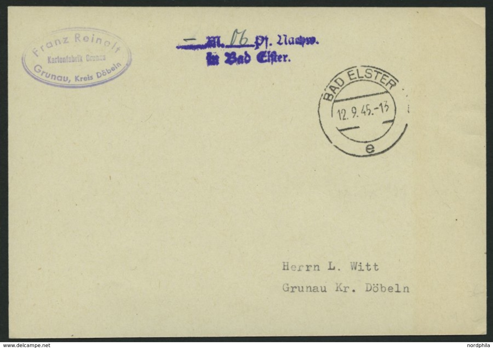 ALL. BES. GEBÜHR BEZAHLT BAD ELSTER, 12.9.45, Violetter L2 _M. 06 Pf. Nachw./für Bad Elster, Postkarte Ohne Text, Pracht - Other & Unclassified