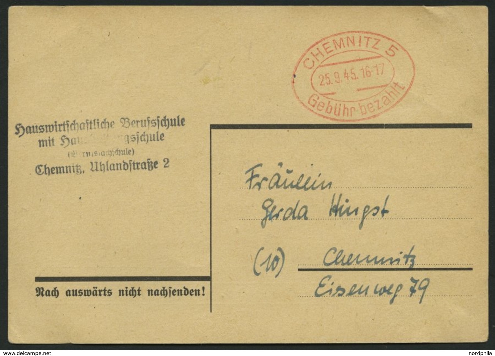 ALL. BES. GEBÜHR BEZAHLT CHEMNITZ 5 Gebühr Bezahlt, 25.9.45, Roter Ellipsenstempel, Karte Feinst - Autres & Non Classés