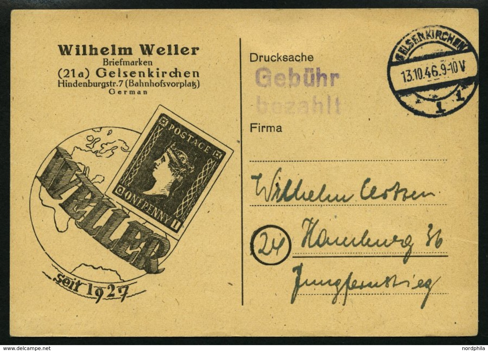 ALL. BES. GEBÜHR BEZAHLT GELSENKIRCHEN, 13.10.46, Violetter L2 Gebühr Bezahlt, Auf Drucksachen-Werbekarte, Pracht - Sonstige & Ohne Zuordnung