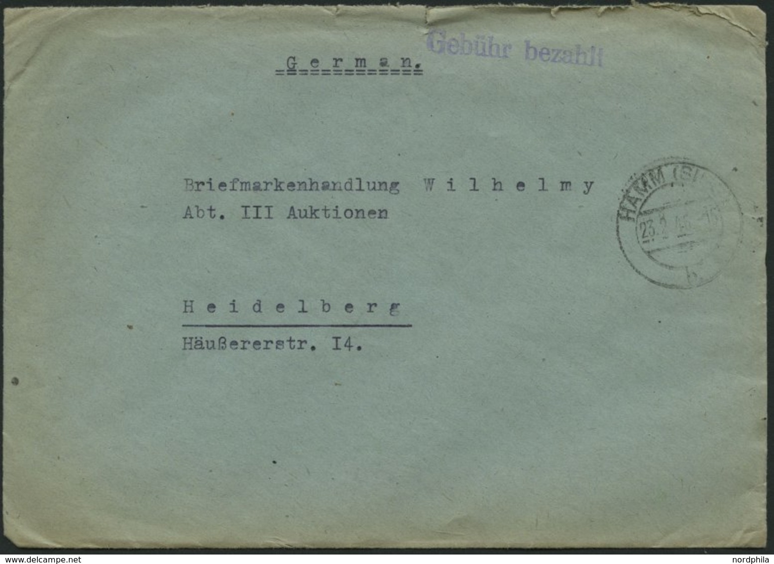 ALL. BES. GEBÜHR BEZAHLT HAMM (SIEG), 23.2.46, Violetter L1 Gebühr Bezahlt, Brief Feinst - Autres & Non Classés