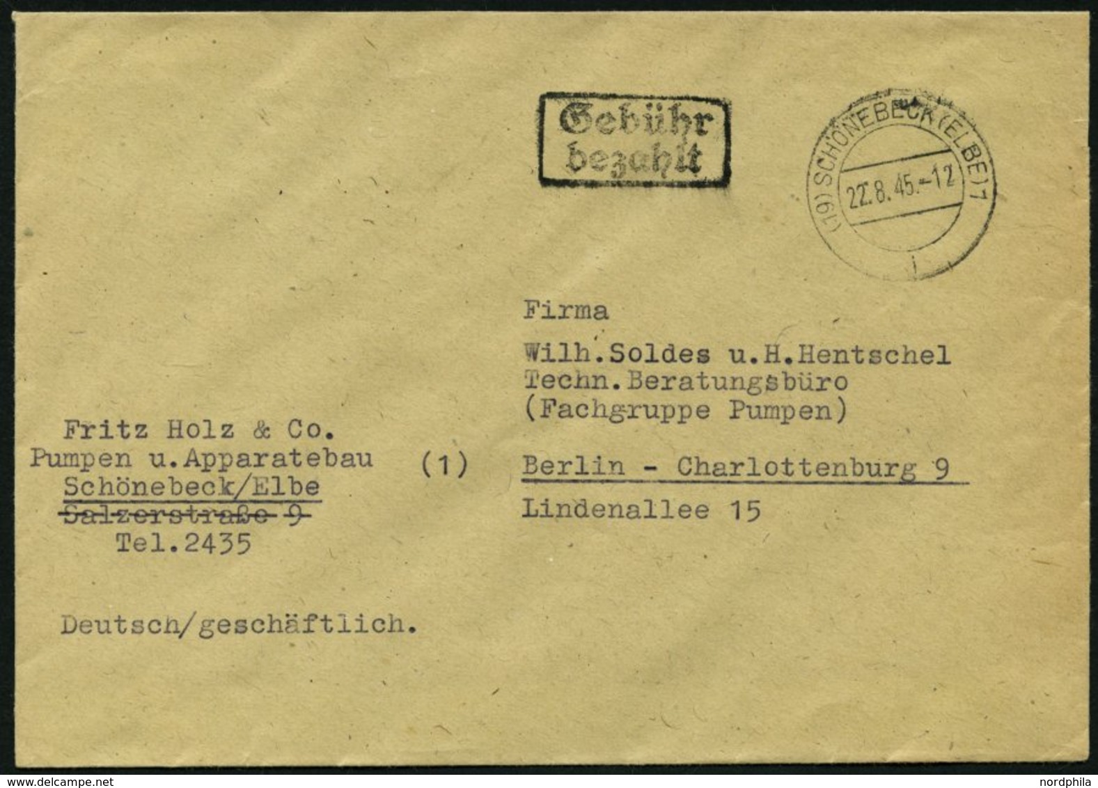 ALL. BES. GEBÜHR BEZAHLT SCHÖNEBECK (ELBE), 22.8.45, R2 Gebühr Bezahlt, Geschäftsbrief, Pracht - Other & Unclassified