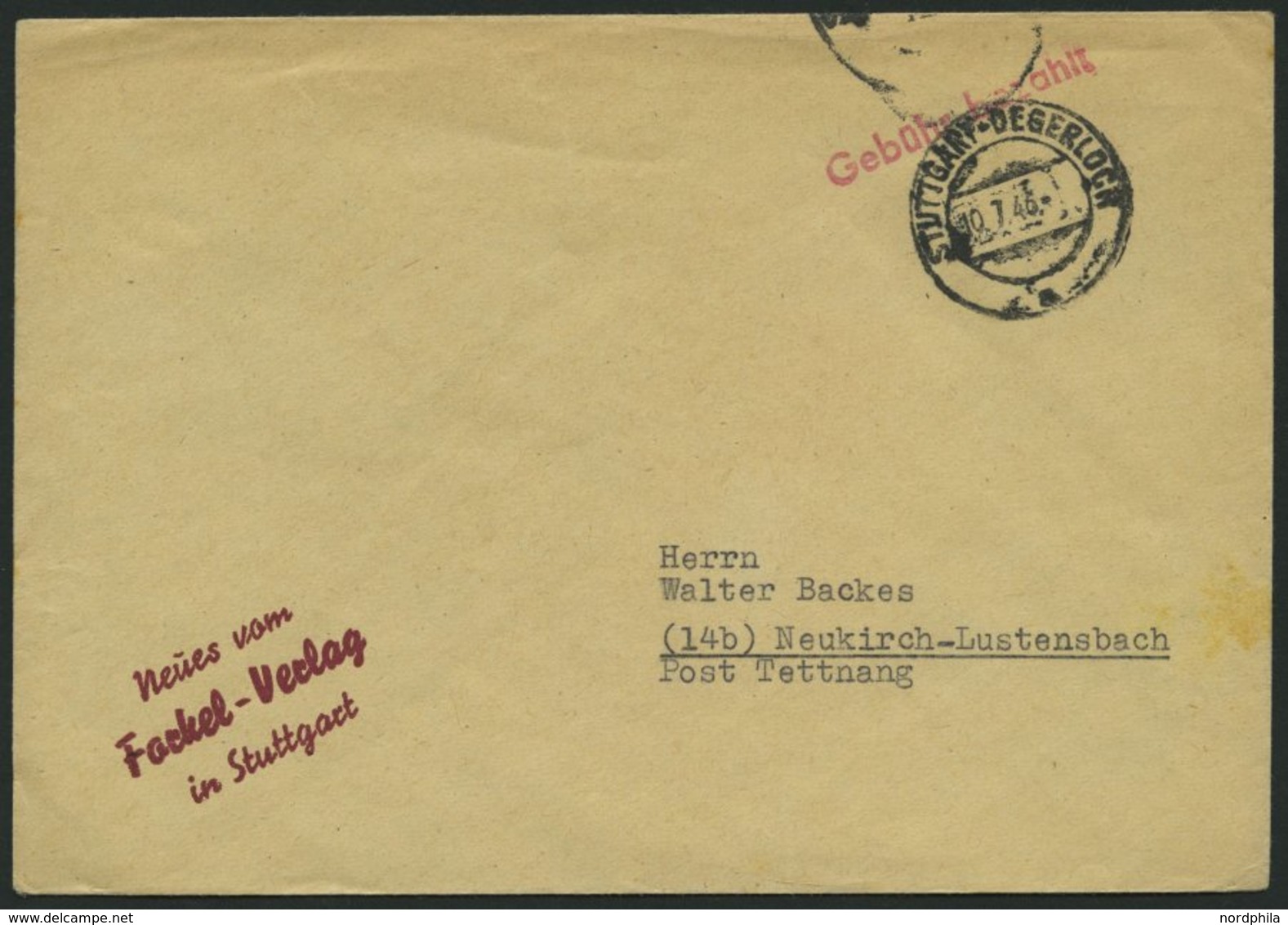 ALL. BES. GEBÜHR BEZAHLT STUTTGART-DEGERLOCH, 10.7.46, Roter L1 Gebühr Bezahlt, Brief Feinst - Other & Unclassified