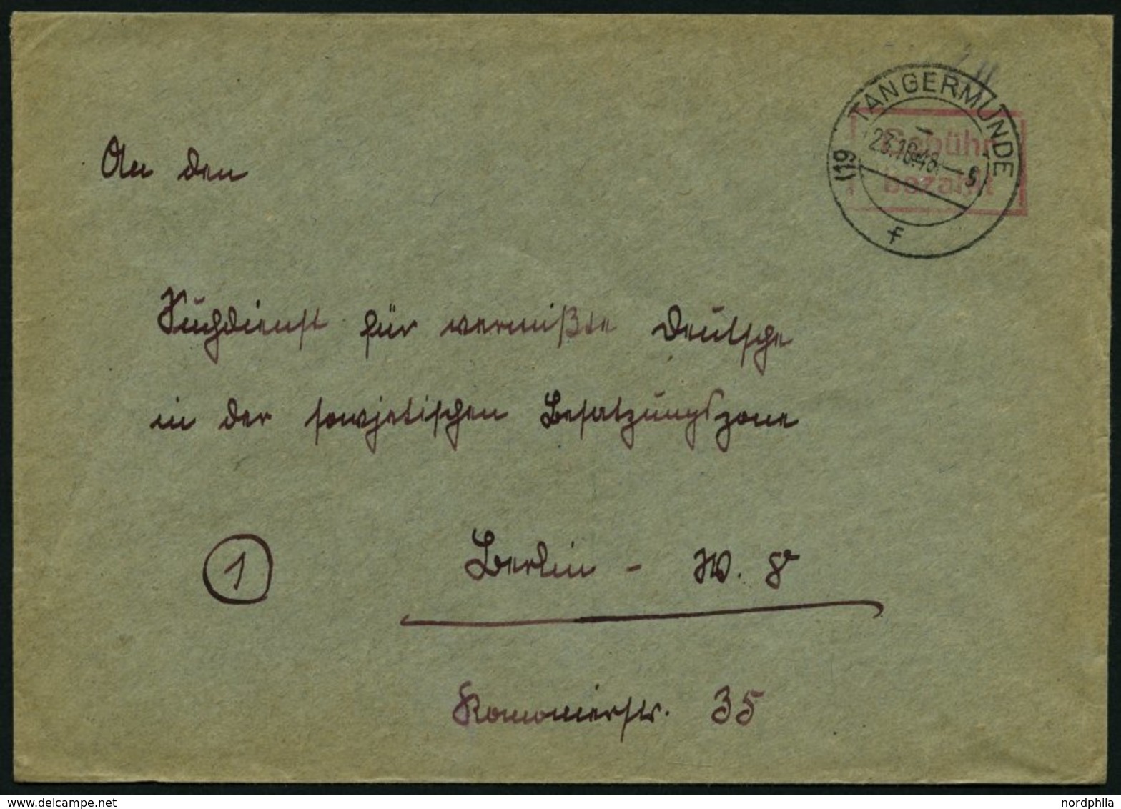 ALL. BES. GEBÜHR BEZAHLT TANGERMÜNDE, Postleitzahl Nachträglich In Den Stempel Gesetzt, 23.10.48, Roter R2 Gebühr Bezahl - Other & Unclassified