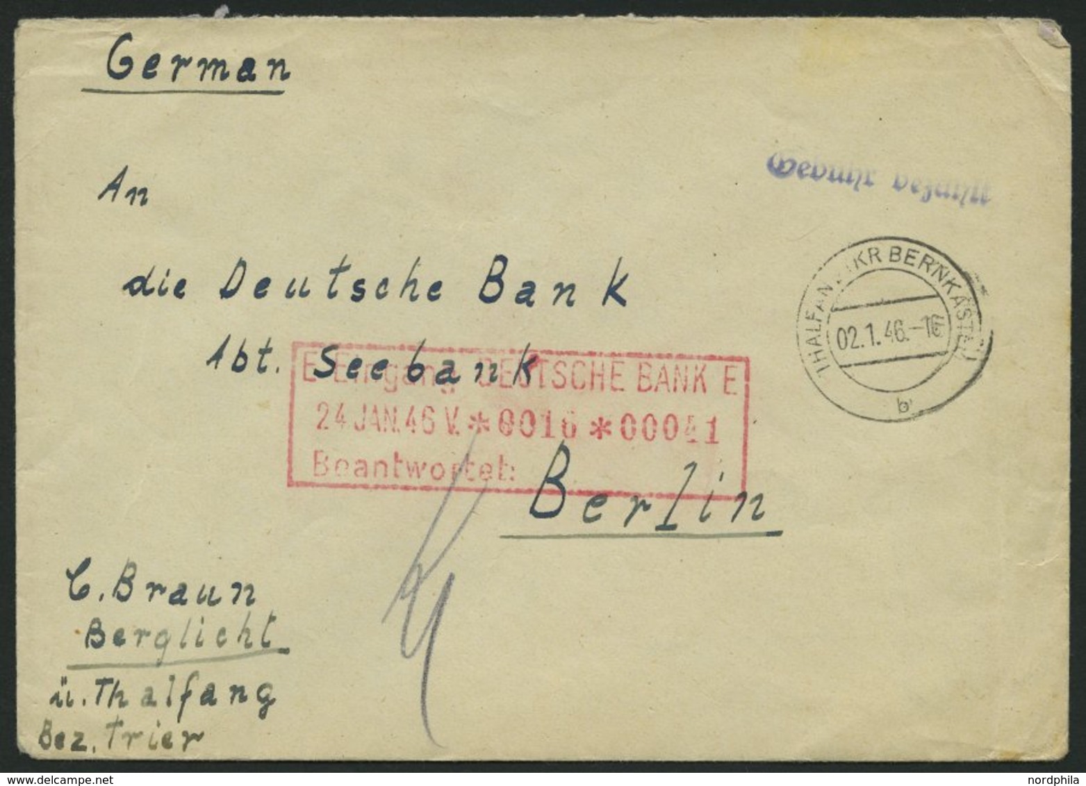 ALL. BES. GEBÜHR BEZAHLT THALFANG (KR BERNKASTEL), 02.1.46, Violetter L1 Gebühr Bezahlt, Brief Feinst - Other & Unclassified