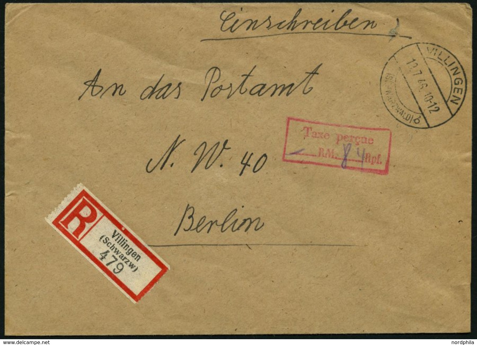 ALL. BES. GEBÜHR BEZAHLT VILLINGEN (SCHWARZWALD), 19.7.46, Roter R2 Gebühr Bezahlt Taxe Percue, Porto Von 84 Rpf. Handsc - Other & Unclassified