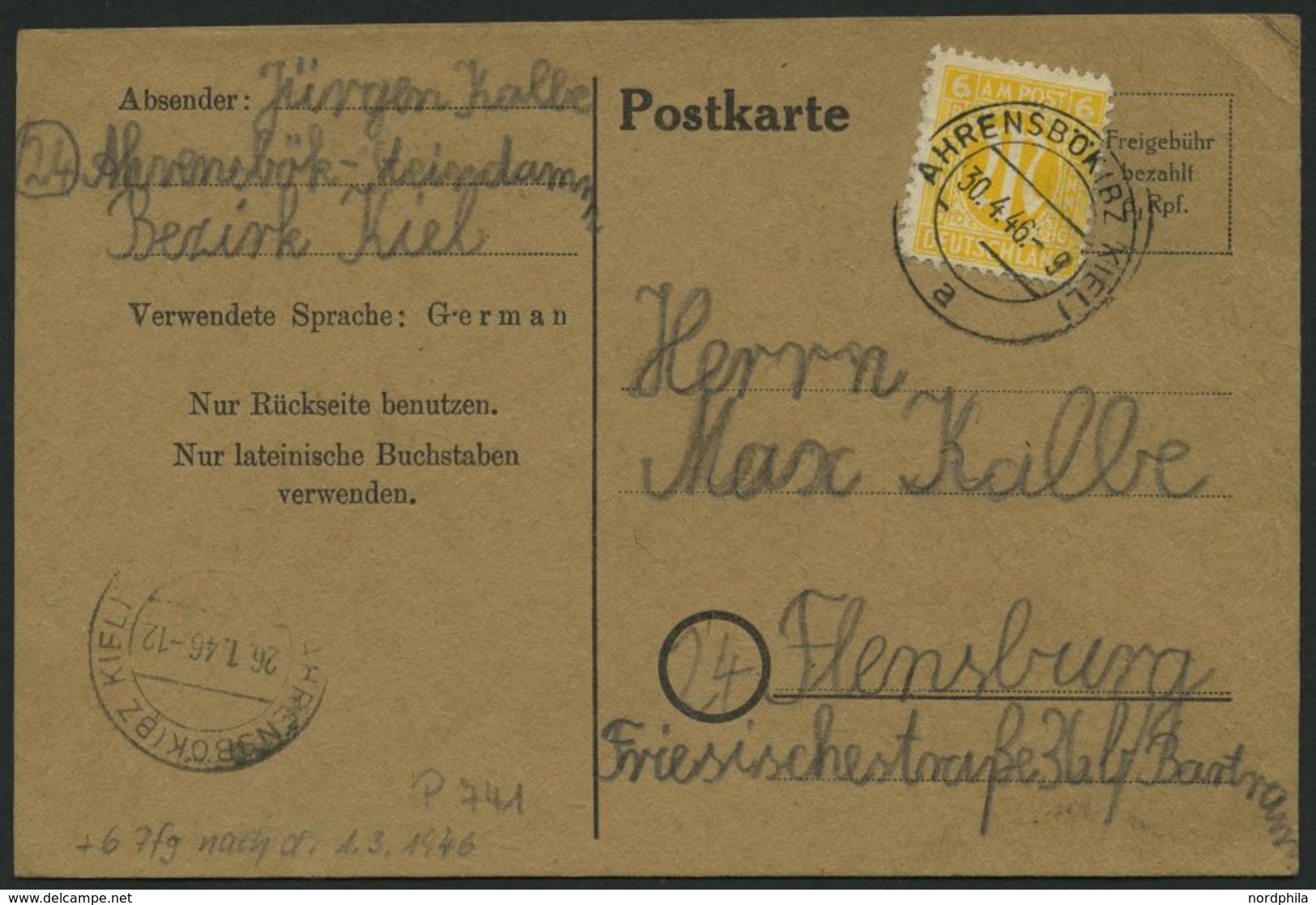 ALL. BES. AUFBRAUCHAUSGABEN P 741II BRIEF, 1946, 6 Pf. Schwarz, Absender 15 Mm Lang, Mit 6 Pf. AM-Post, Prachtkarte Von  - Other & Unclassified