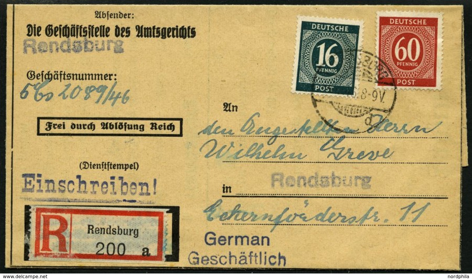 ALLIIERTE BES. 923,933 BRIEF, 1946, 16 Pf. Schwärzlichopalgrün Und 60 Pf. Rot Auf Einschreib-Ladung Des Amtsgerichts REN - Otros & Sin Clasificación