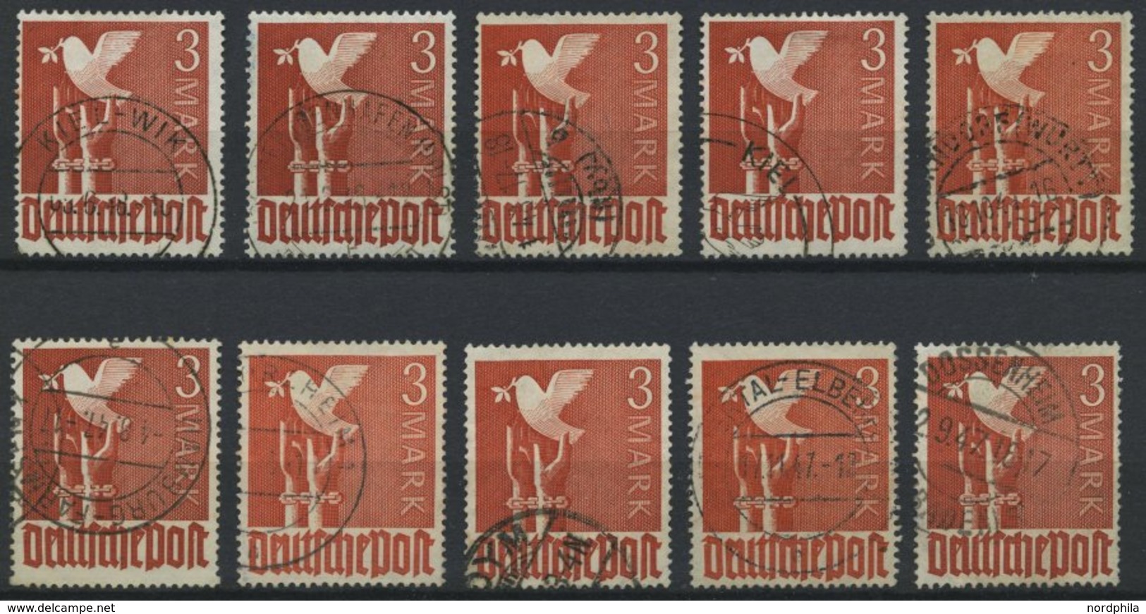 ALLIIERTE BES. 961 O, 1947, 3 M. Bräunlichrot, 10 Sauber Gestempelte Werte, Meist Pracht, Alle Gepr. Schlegel, Mi. 250.- - Other & Unclassified