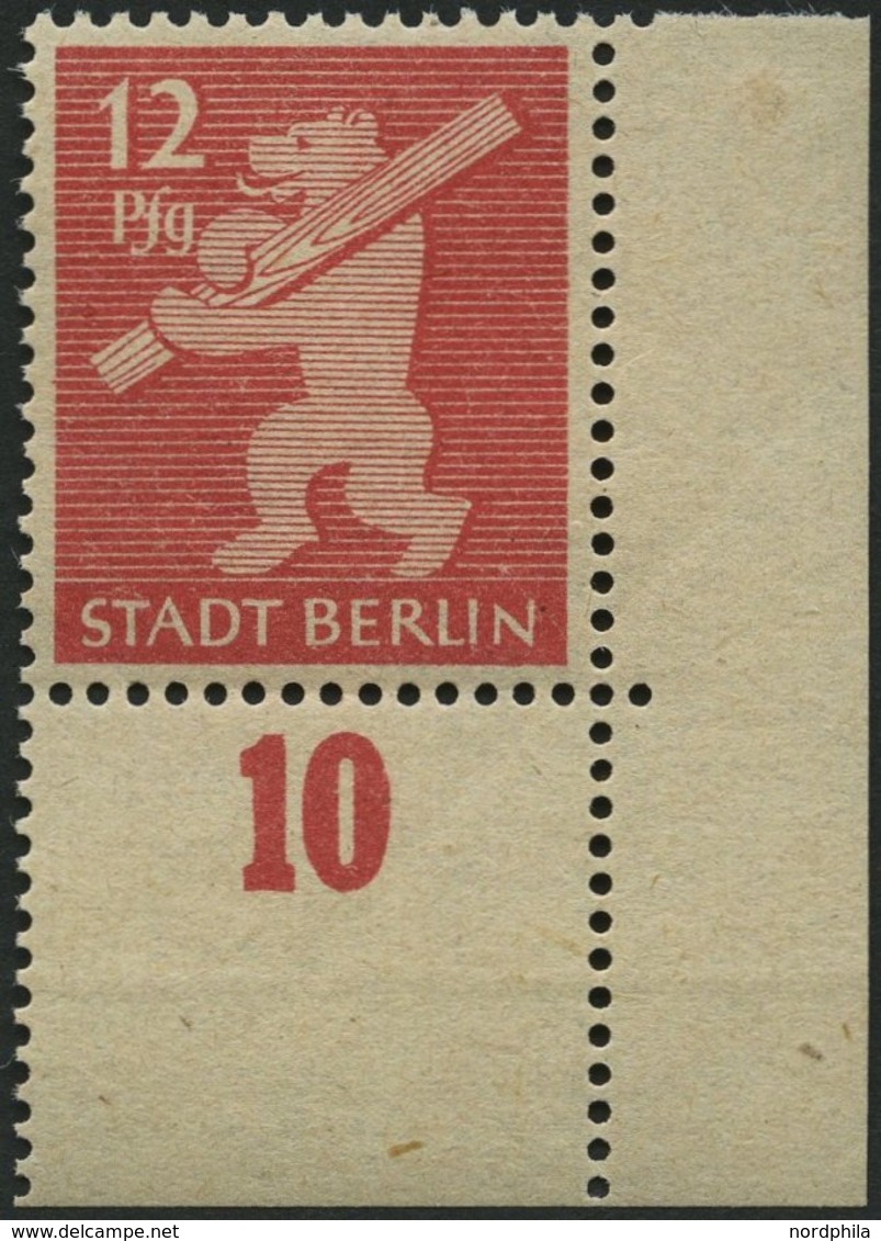 BERLIN UND BRANDENBURG 5AAwax **, 1945, 12 Pf. Mittelkarminrot, Graurosa Papier, Glatter Gummi, Untere Rechte Bogenecke, - Sonstige & Ohne Zuordnung