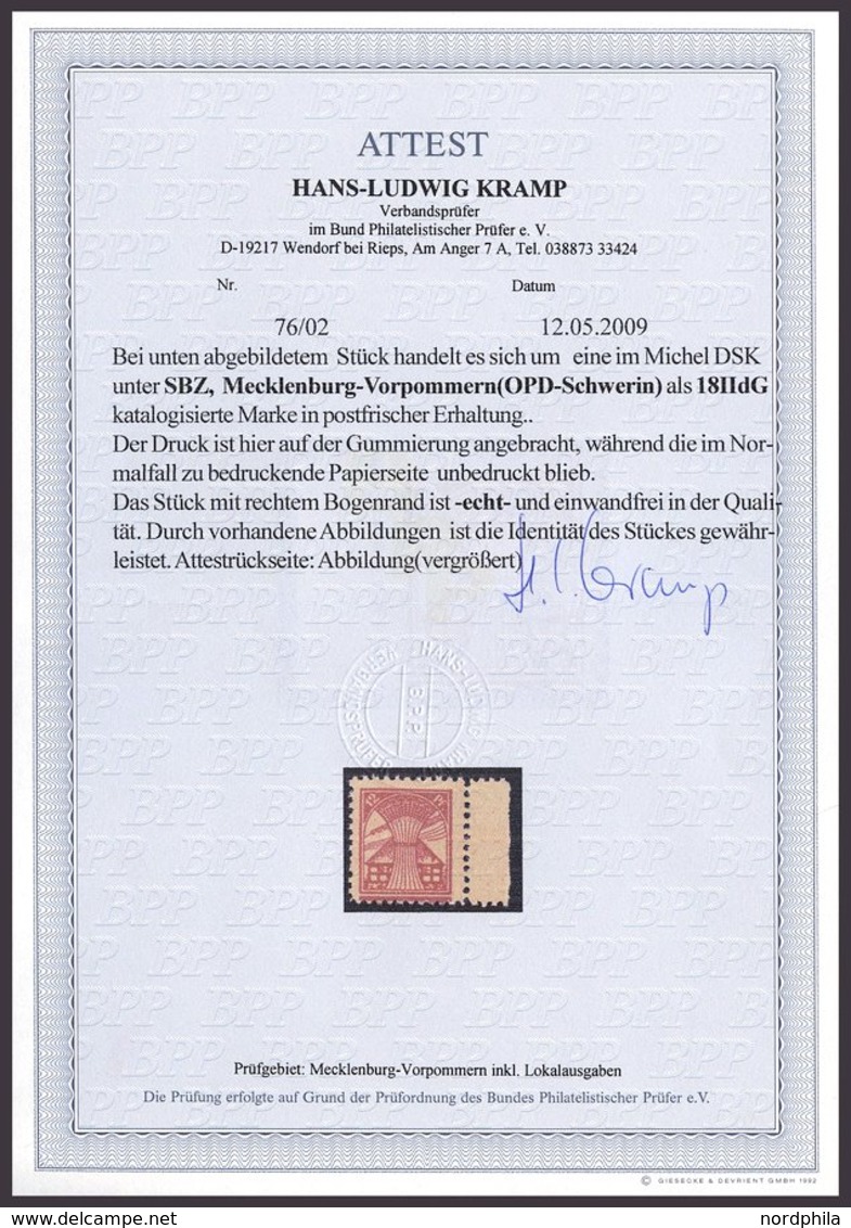 MECKLENBURG-VORPOMMERN 18dG **, 1945, 12 Pf. Bräunlichrot, Druck Auf Gummiseite, Rechtes Randstück, Pracht, Fotoattest K - Other & Unclassified