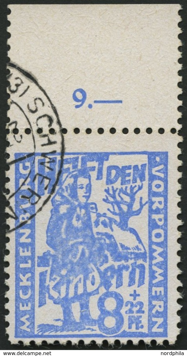 MECKLENBURG-VORPOMMERN 27a O, 1945, 8 Pf. Hellultramarin Kinderhilfe, Oberrandstück, Pracht, Gepr. Kramp - Sonstige & Ohne Zuordnung