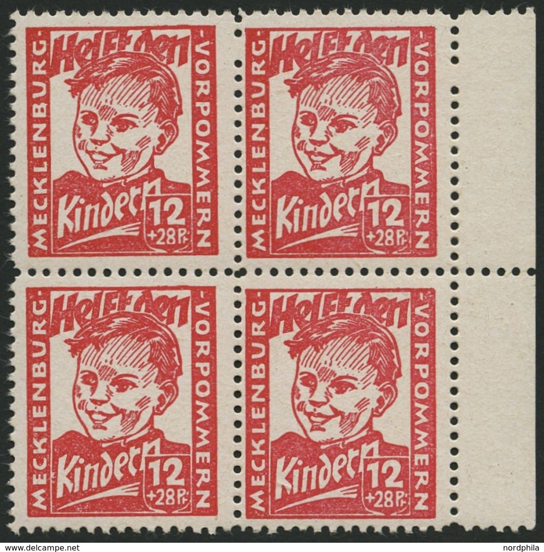 MECKLENBURG-VORPOMMERN 28b VB **, 1945, 12 Pf. Dunkelrosa Kinderhilfe Im Randviererblock, Pracht, Gepr. Kramp, Mi. 320.- - Sonstige & Ohne Zuordnung