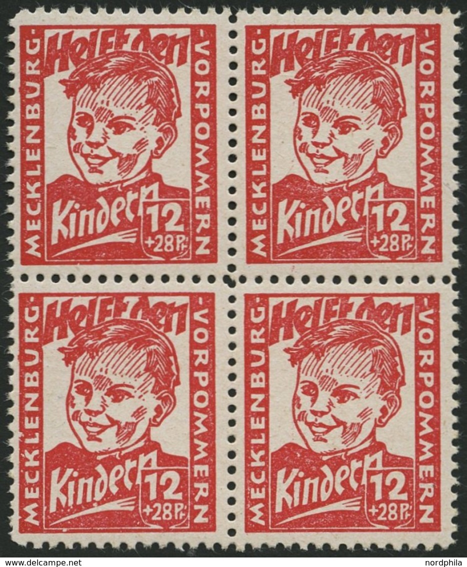 MECKLENBURG-VORPOMMERN 28b VB **, 1945, 12 Pf. Dunkelrosa Kinderhilfe Im Viererblock, Pracht, Gepr. Kramp, Mi. 320.- - Autres & Non Classés