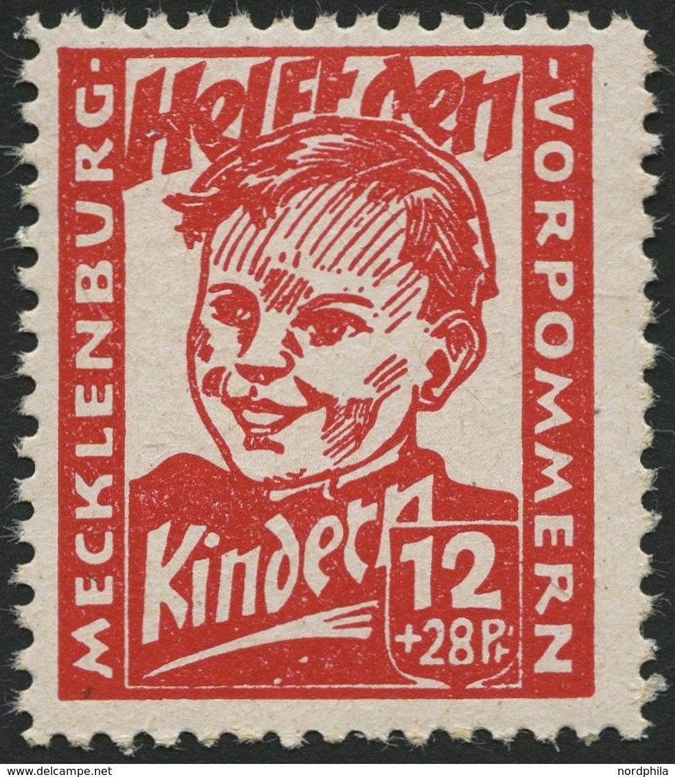 MECKLENBURG-VORPOMMERN 28b **, 1945, 12 Pf. Dunkelrosa Kinderhilfe, Pracht, Gepr. Kramp, Mi. 80.- - Sonstige & Ohne Zuordnung