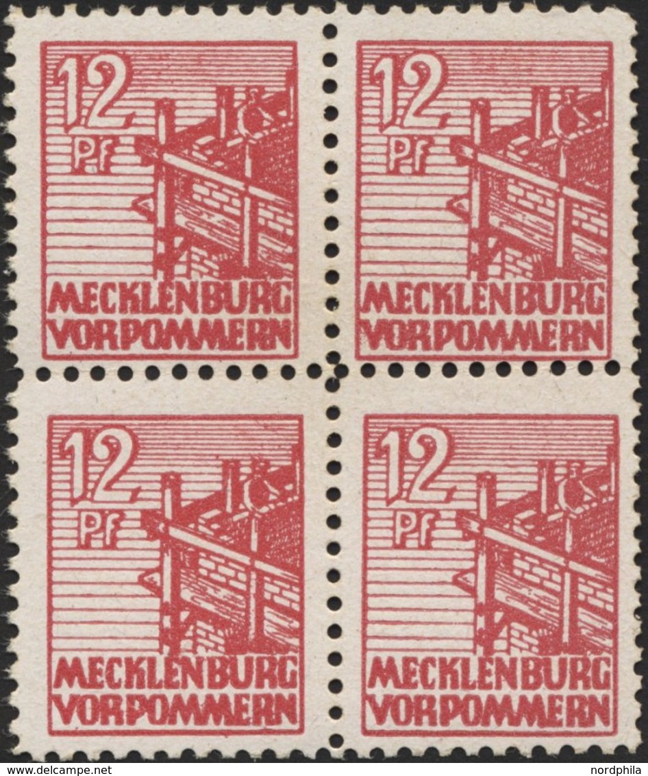 MECKLENBURG-VORPOMMERN 36xc VB **, 1946, 12 Pf. Lebhaftbraunrot, Kreidepapier, Im Viererblock, Pracht, Gepr. Thom Und Fo - Autres & Non Classés