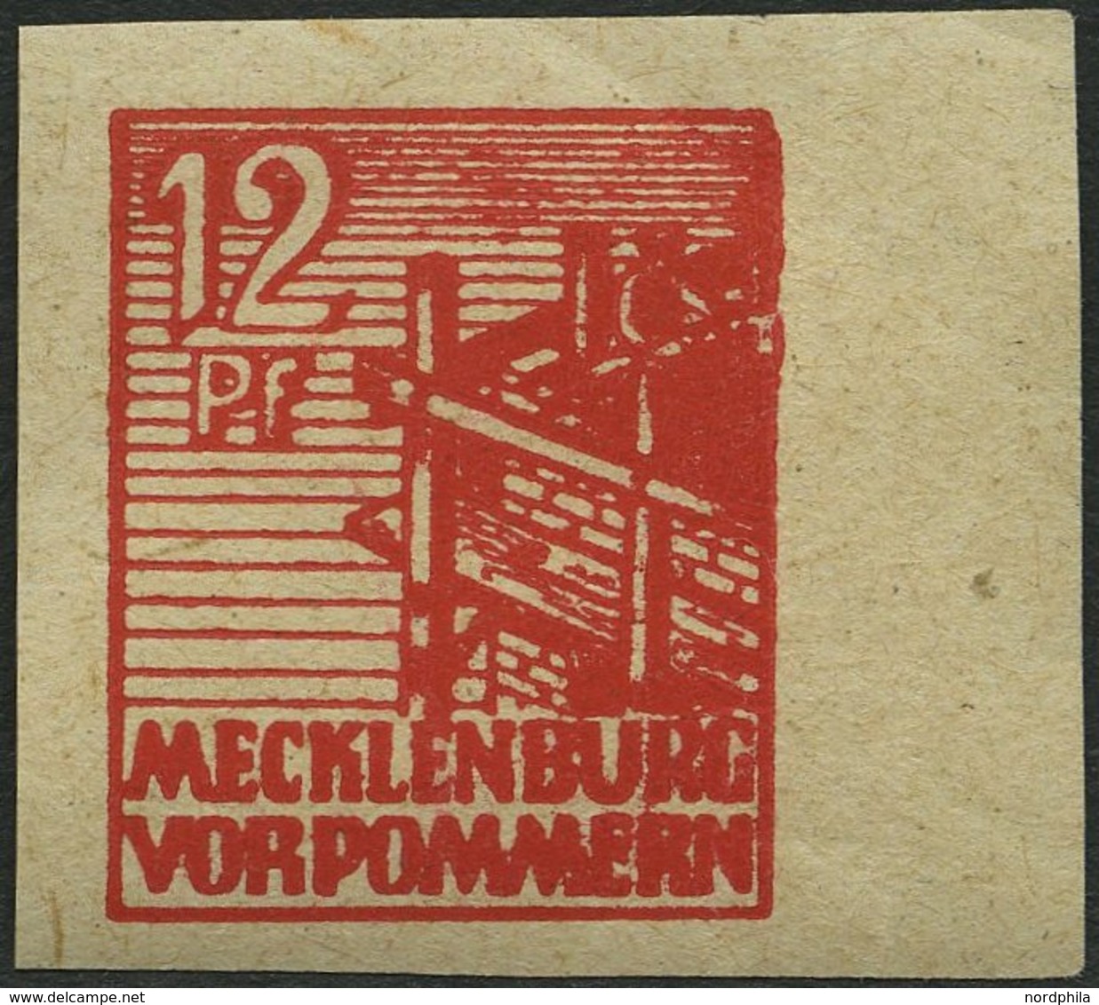 MECKLENBURG-VORPOMMERN 36ybU **, 1946, 12 Pf. Rot, Graues Papier, Ungezähnt, Pracht, Gepr. Kramp, Mi. 60.- - Other & Unclassified