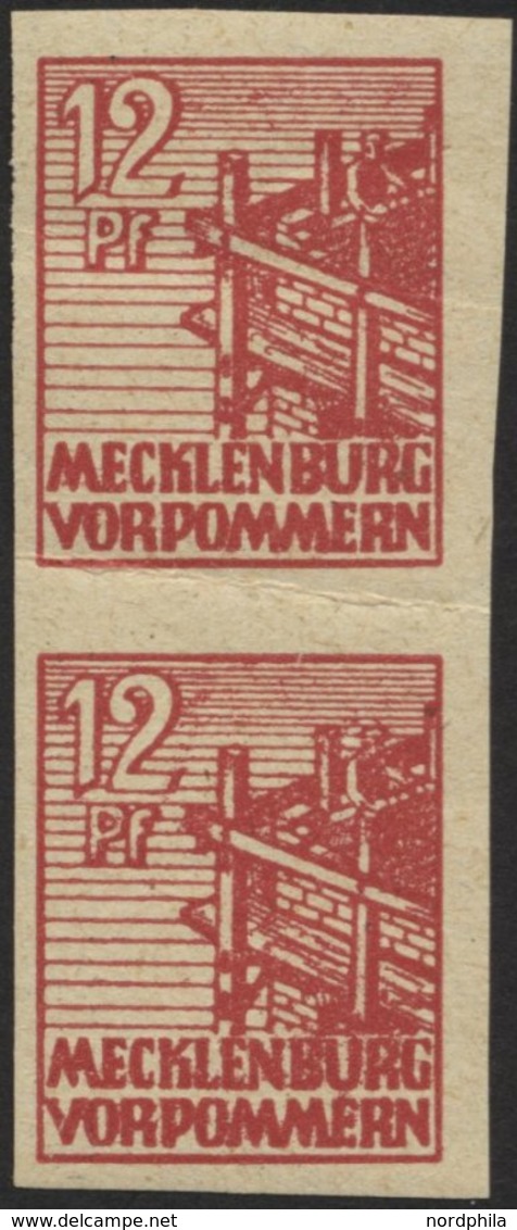 MECKLENBURG-VORPOMMERN 36ydU Paar **, 1946, 12 Pf. Braunrot, Graues Papier, Ungezähnt, Im Senkrechten Paar, Fotoattest K - Other & Unclassified