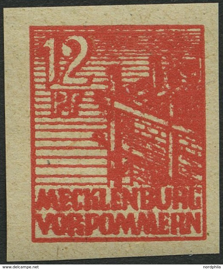 MECKLENBURG-VORPOMMERN 36yeU **, 1946, 12 Pf. Orangerot, Graues Papier, Ungezähnt, Pracht, Gepr. Kramp, Mi. 120.- - Other & Unclassified