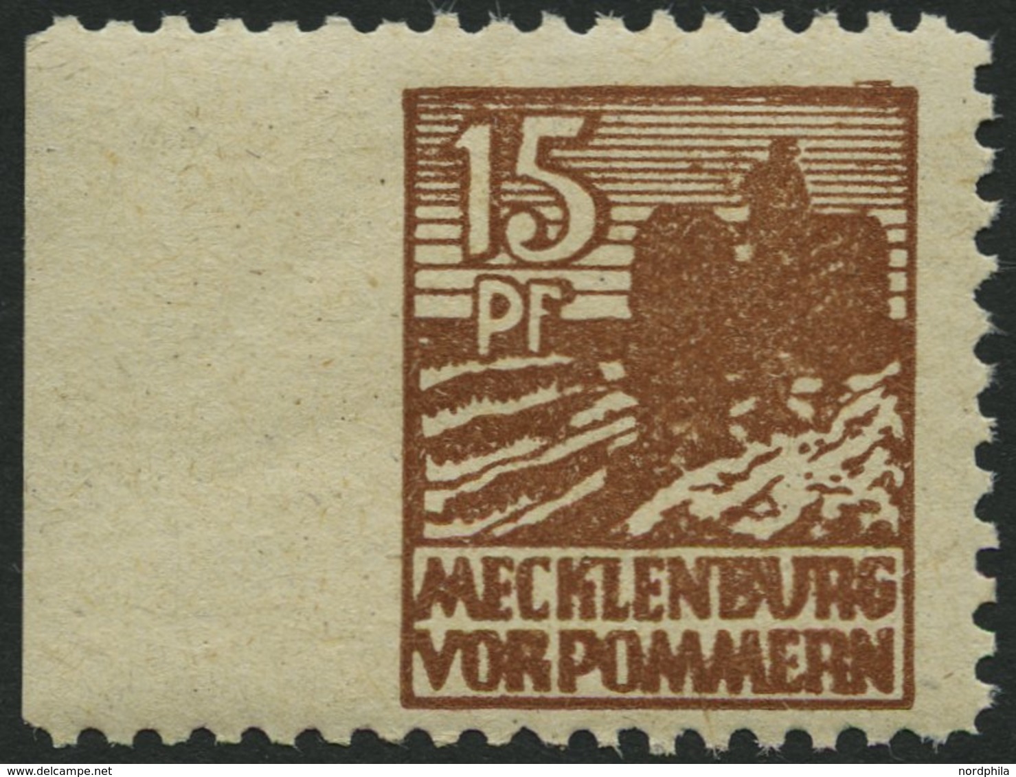 MECKLENBURG-VORPOMMERN 37yaUl **, 1946, 15 Pf. Gelbbraun, Graues Papier, Links Ungezähnt, Pracht, Mi. 140.- - Other & Unclassified