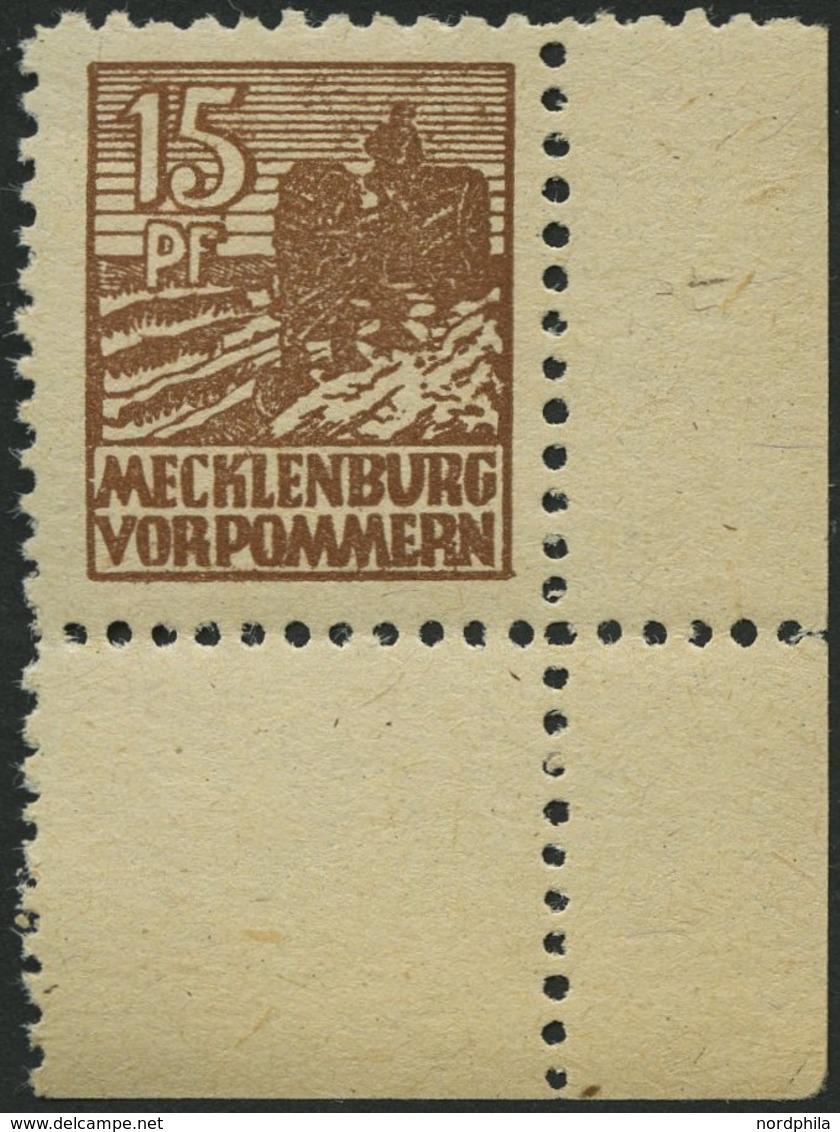 MECKLENBURG-VORPOMMERN 37ye **, 1946, 15 Pf. Orangebraun, Graues Papier, Bogenecke, Pracht, Gepr. Kramp, Mi. (90.-) - Autres & Non Classés
