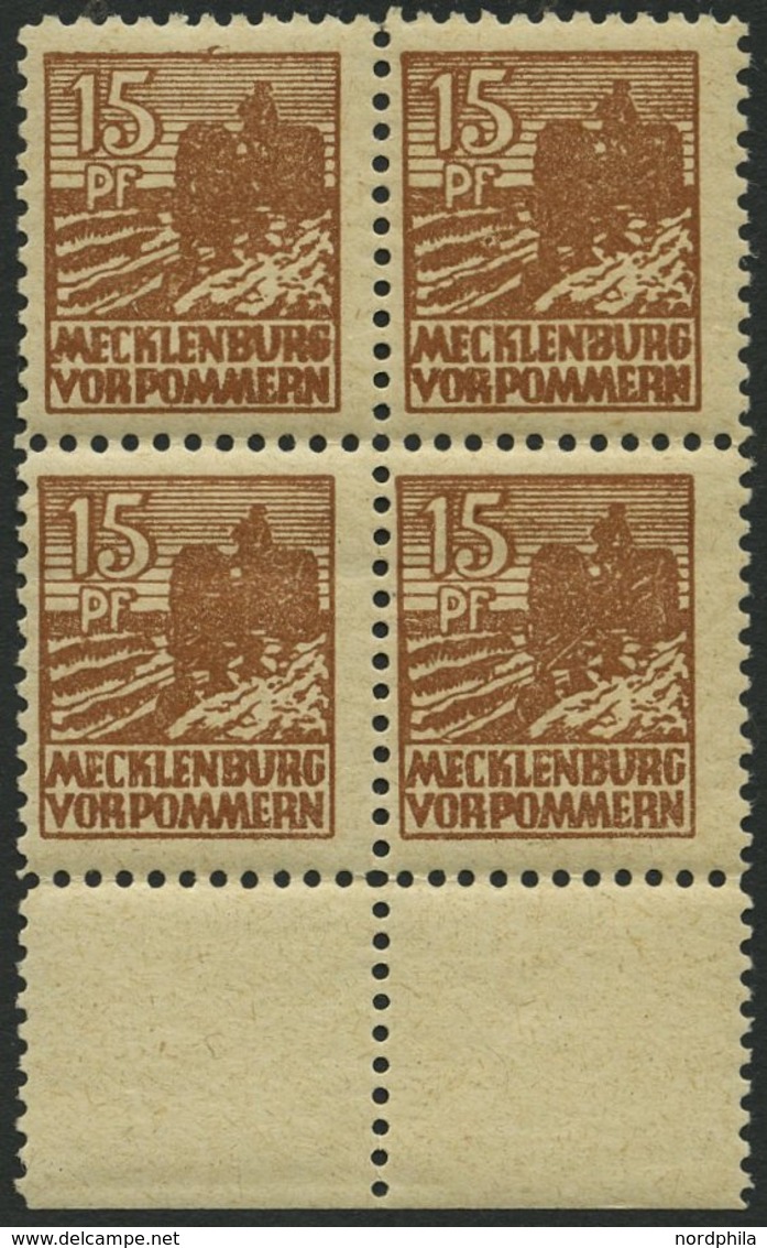 MECKLENBURG-VORPOMMERN 37za VB **, 1946, 15 Pf. Gelbbraun, Dünnes Papier, Im Viererblock Vom Unterrand, Pracht, Gepr. Th - Other & Unclassified