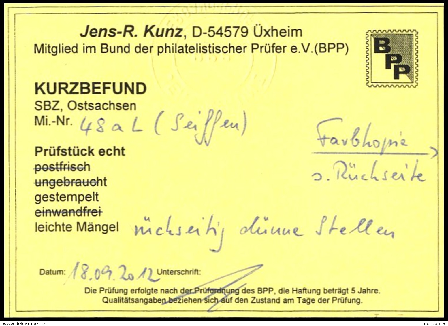 OST-SACHSEN 48L O, 1945, 20 Pf. Seiffen, Dünne Stellen Sonst Pracht, R!, Kurzbefund Kunz, Mi. 1200.- - Autres & Non Classés