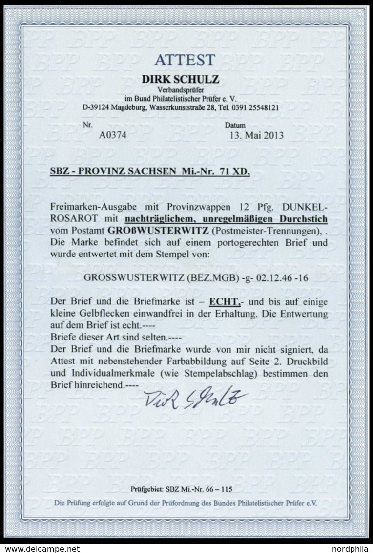 PROVINZ SACHSEN 71XD BRIEF, 1945, 12 Pf. Dunkelrosarot, Durchstich GROSSWUSTERWITZ, Einzelfrankatur Auf Brief Nach Kiel, - Sonstige & Ohne Zuordnung