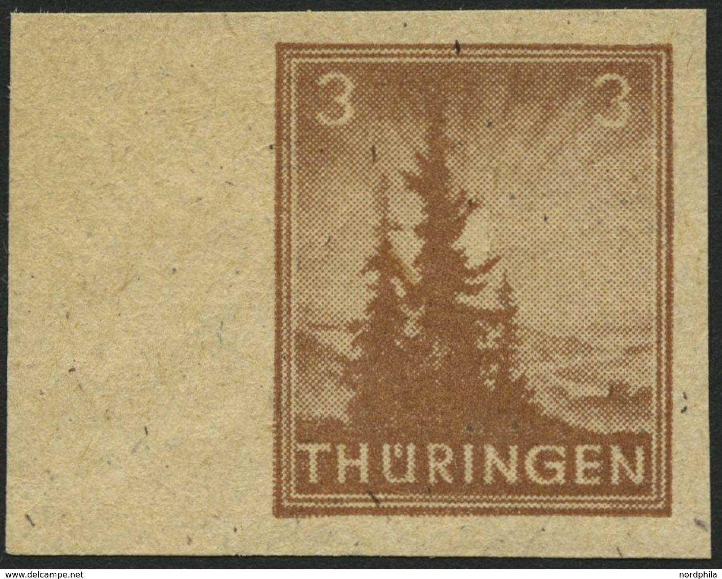 THÜRINGEN 92AYz2U **, 1946, 3 Pf. Orangebraun, Spargummierung, Dickes Papier, Fallende Papierstreifung, Ungezähnt, Linke - Sonstige & Ohne Zuordnung