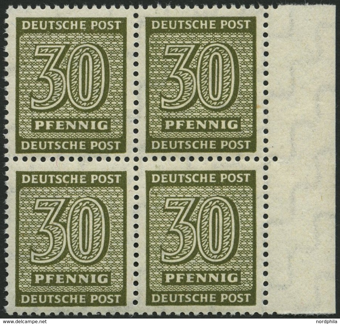 WEST-SACHSEN 135Xa VB **, 1945, 30 Pf. Bräunlicholiv, Wz. 1X, Im Randviererblock, Pracht, Gepr. Dr. Jasch, Mi. 880.- - Autres & Non Classés