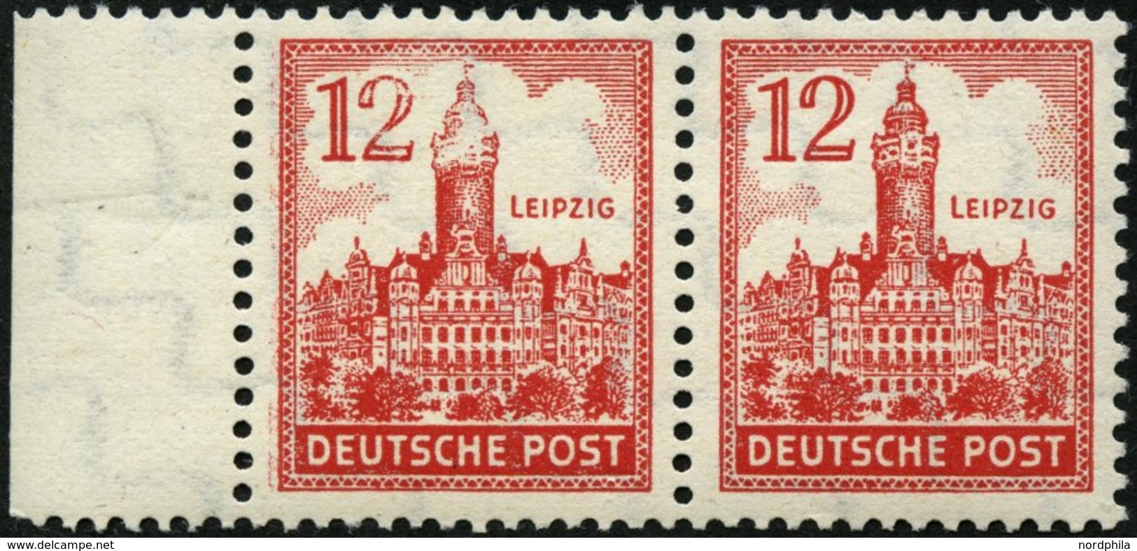 WEST-SACHSEN 155YI **, 1946, 12 Pf. Abschiedsserie, Wz, 1Y, Mit Abart Schnee Auf Turm, Im Waagerechten Paar Mit Normaler - Sonstige & Ohne Zuordnung