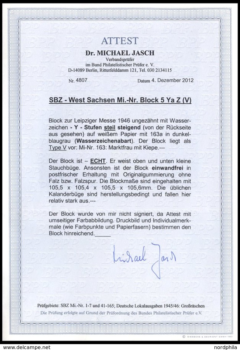 WEST-SACHSEN Bl. 5YZa **, 1946, Block Leipziger Messe, Wz. Stufen Steil Steigend, Type V, Leichte Randstauchungen Und Et - Sonstige & Ohne Zuordnung