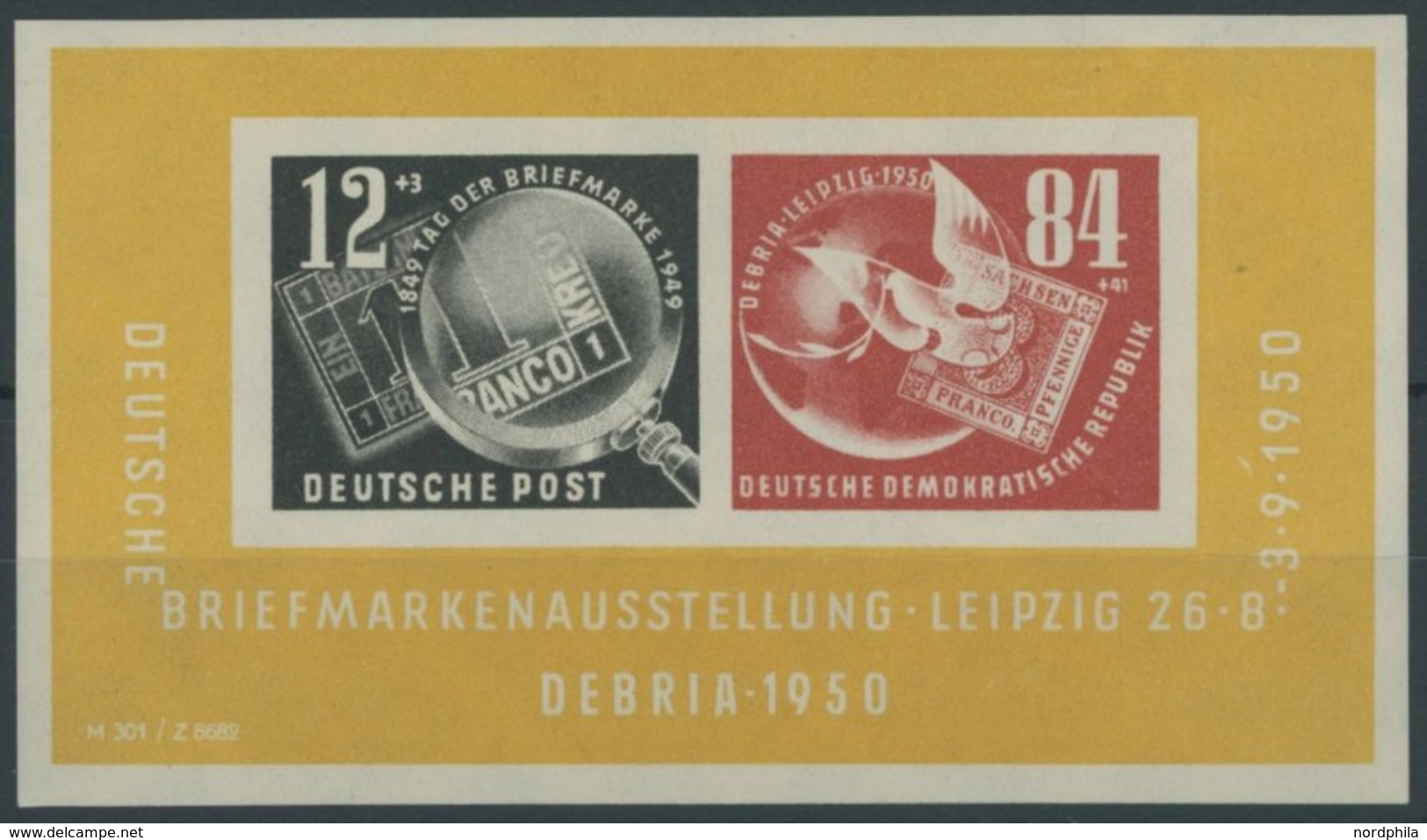 DDR Bl. 7III *, 1950, Block DEBRIA Mit Abart Schräger Weißer Strich über 1 Des Datums 3.9.1950, Falzrest, Pracht - Autres & Non Classés