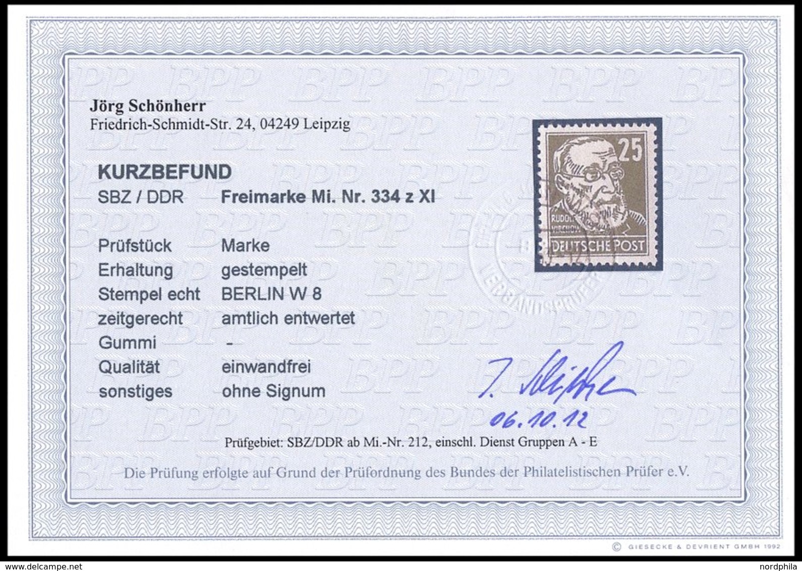 DDR 334zXI O, 1952, 25 Pf. Grauoliv Virchow, Wz. 2XI, Zeitgerecht Entwertet, Pracht, Kurzbefund Schönherr, Mi. 450.- - Other & Unclassified