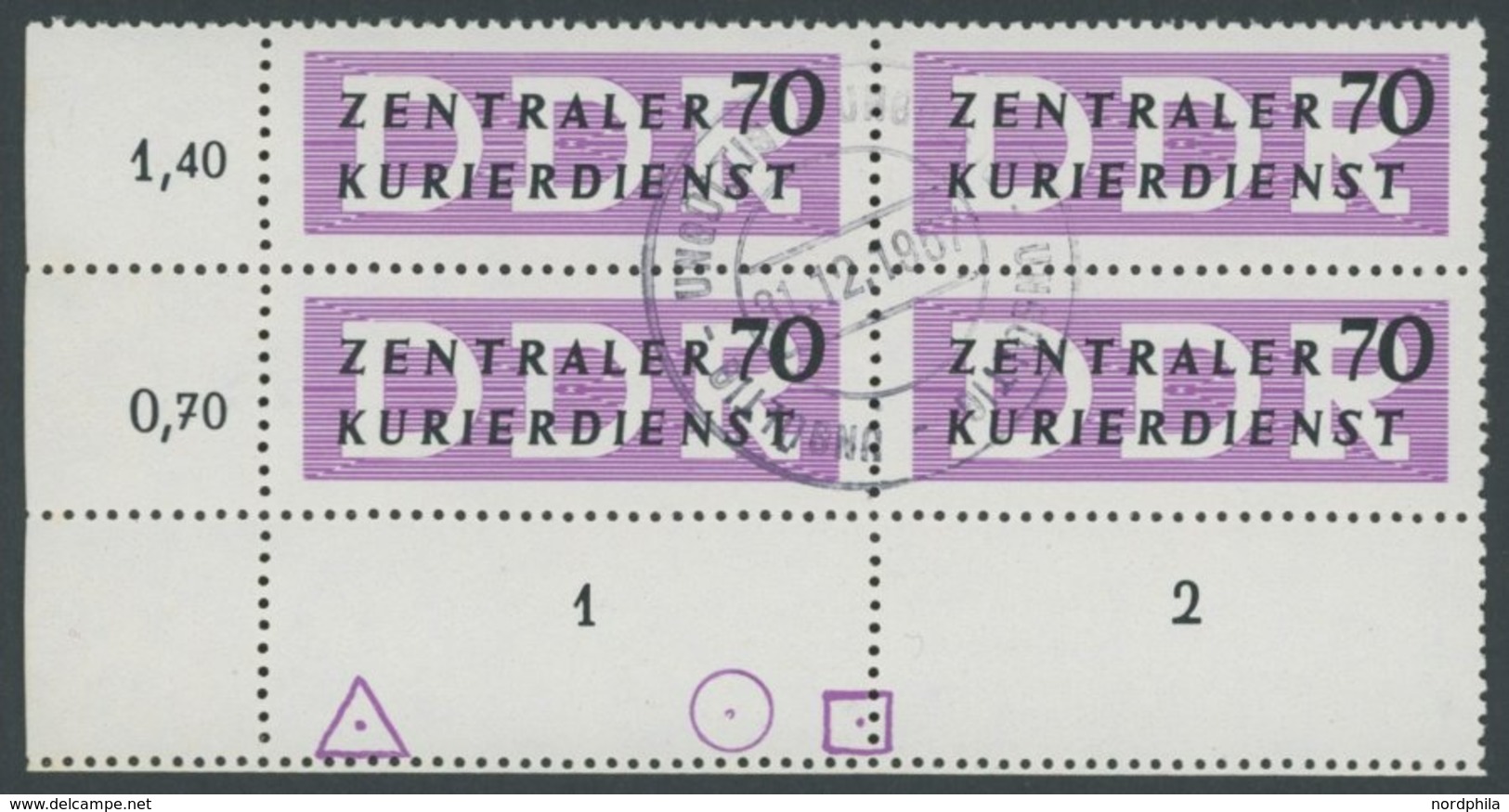 DIENSTMARKEN B D 9L O, 1956, 70 Pf. Mitttelviolettpurpur/schwarz Im Viererblock Mit Ungültig-Stempel Und Feld 1 Und 2 Mi - Altri & Non Classificati