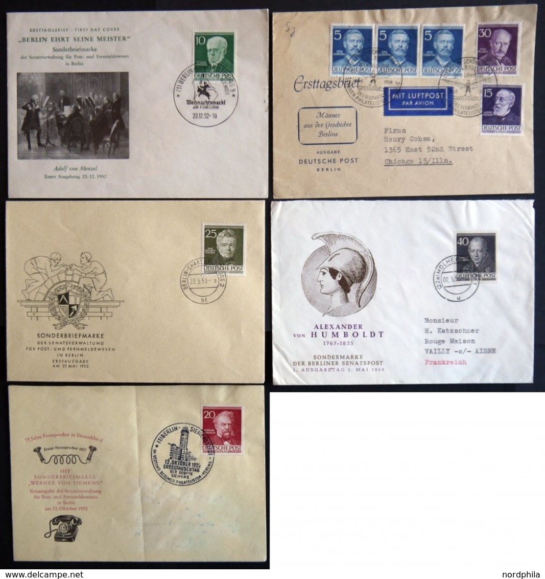 BERLIN 95-98,100 BRIEF, 1952, 10, 15, 20, 25 Und 40 Pf. Männer Der Geschichte Auf 5 FDC`s, Pracht/feinst - Sonstige & Ohne Zuordnung